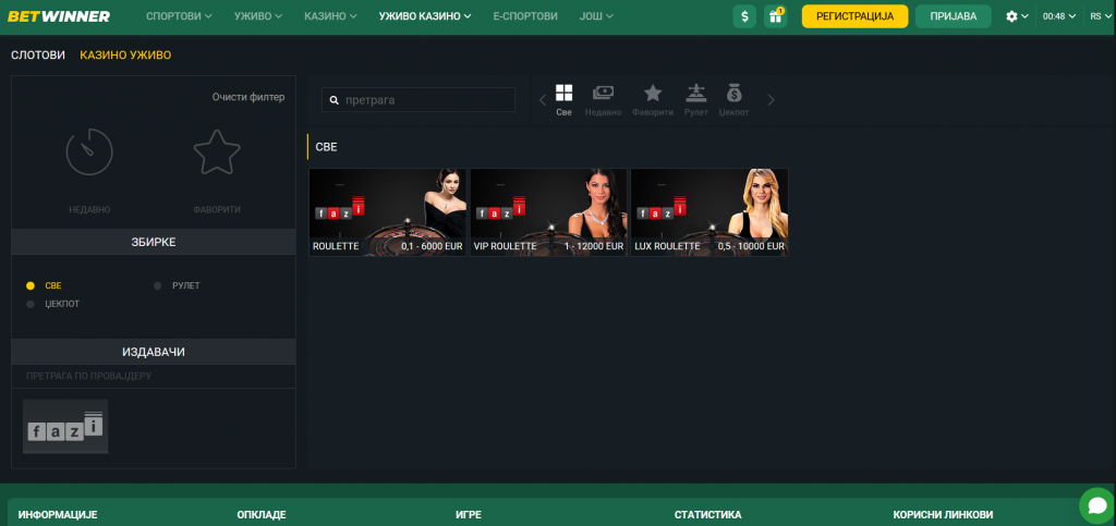 Betwinner kazino uživo sadrži samo rulet